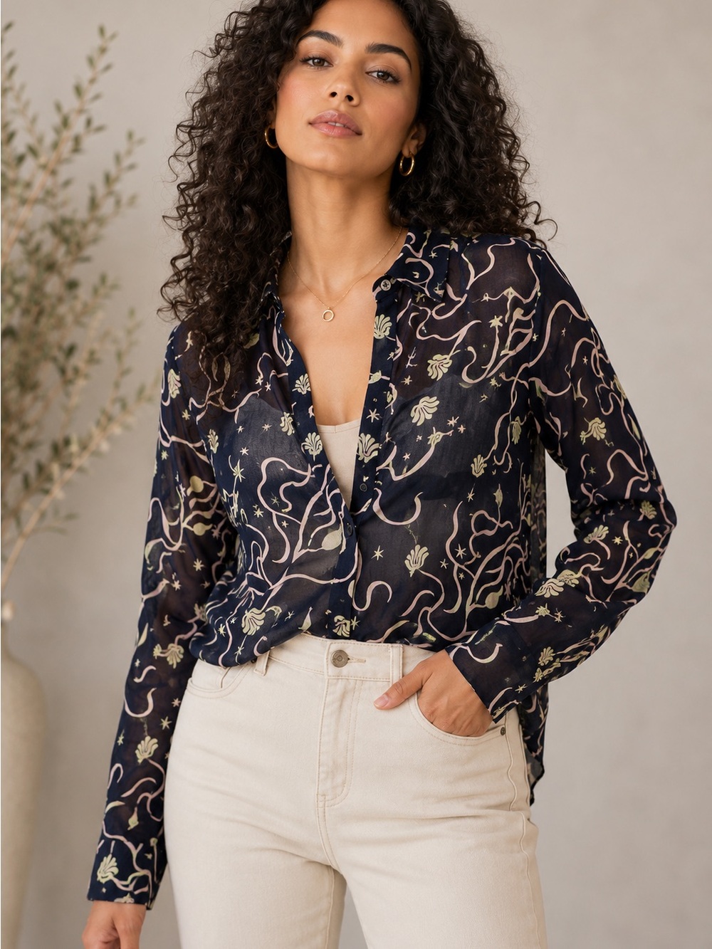 Scotch & Soda Amsterdam Sheer Cotton Abstract Print Button Front Blouse Size M